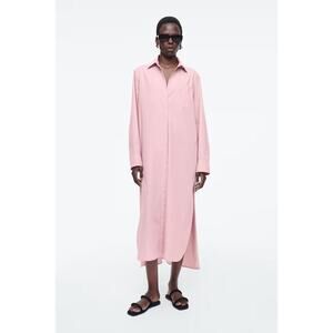 H&M Women's Pink Long Sleeves Button Front Collared Midi Shirt Dress Size XL